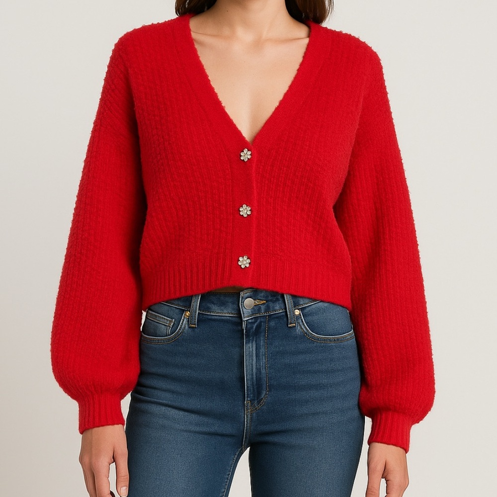 No Boundaries Size L (11–13) Red Knit Cardigan Rhinestone Buttons (A189)✨